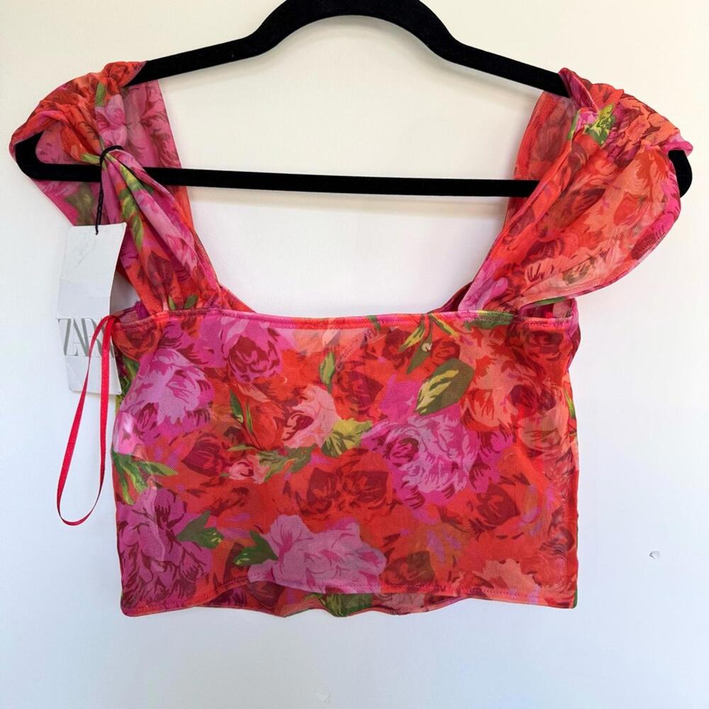 Zara Floral Tulle Bustier Corset Style Cap Sleeve Top - Picture 7 of 8
